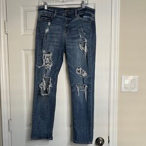 Judy Blue Distressed Straight Leg Jeans - Dark Blue